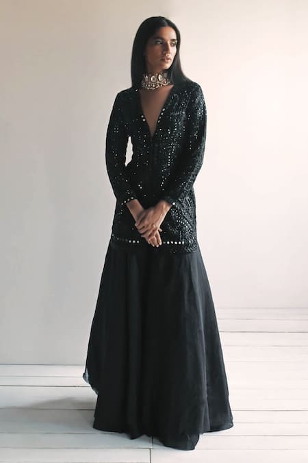 Arpita Mehta Black Jacket Net Embroidery Mirror Plunge V Neck And Sharara Set 