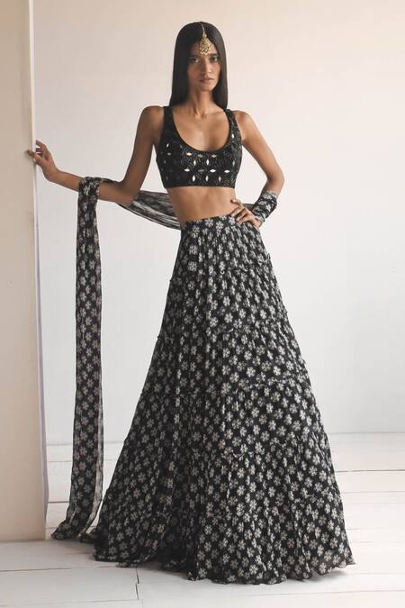 Arpita Mehta Black Georgette, Net Mirrors Round Neck Butti Print Tiered Lehenga Set