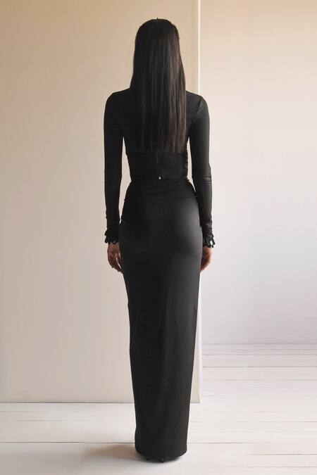 Shop Arpita Mehta Black Lycra Mirrors High Neck Solid Corset Top And Knotted Skirt Set at Aza Fashions Shop_Arpita Mehta_Black Lycra Mirrors High Neck Solid Corset Top And Knotted Skirt Set_at_Aza_Fashions