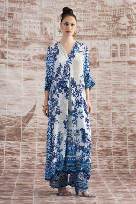 Rajdeep Ranawat_White Silk Crystals V-neck Banera Floral Print Kimono Tunic_Online_at_Aza_Fashions