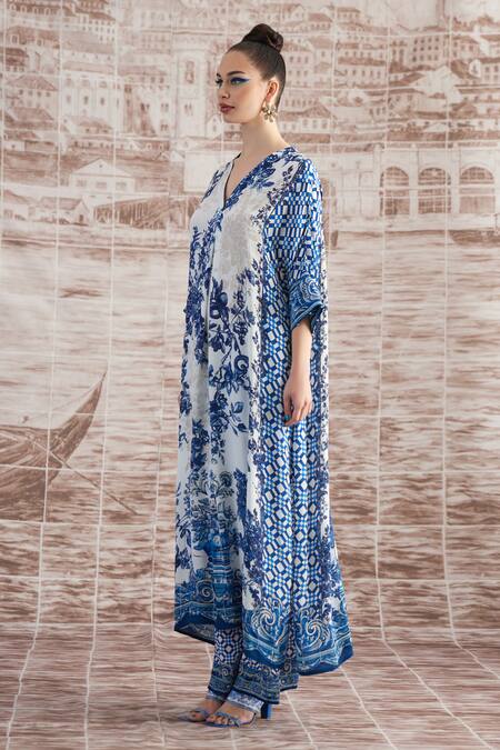 Buy_Rajdeep Ranawat_White Silk Crystals V-neck Banera Floral Print Kimono Tunic_Online_at_Aza_Fashions