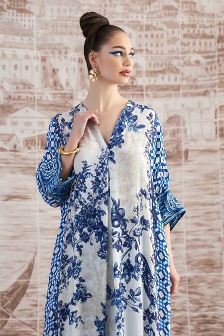 Rajdeep Ranawat_White Silk Crystals V-neck Banera Floral Print Kimono Tunic_at_Aza_Fashions