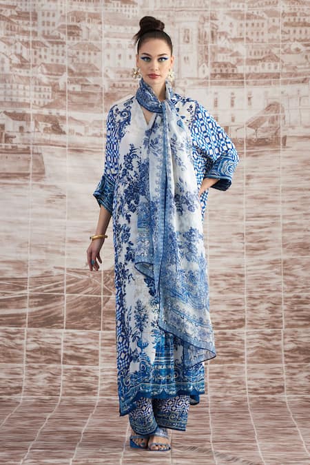 Buy_Rajdeep Ranawat_White Silk Crystals V-neck Banera Floral Print Kimono Tunic