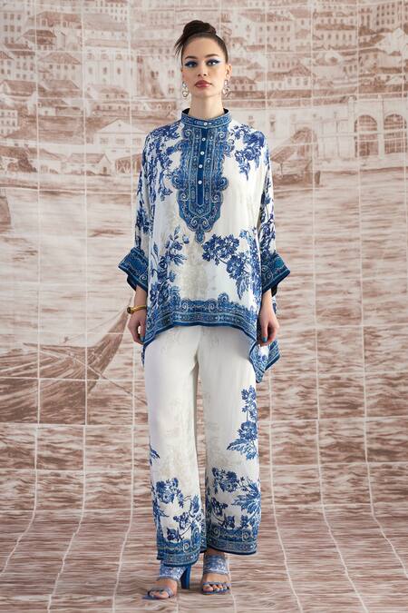 Rajdeep Ranawat_White Silk Embroidery Bandeau Neck Chanel Floral Print Tunic_Online_at_Aza_Fashions