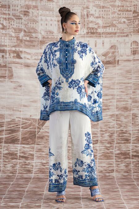 Buy_Rajdeep Ranawat_White Silk Embroidery Bandeau Neck Chanel Floral Print Tunic_Online_at_Aza_Fashions