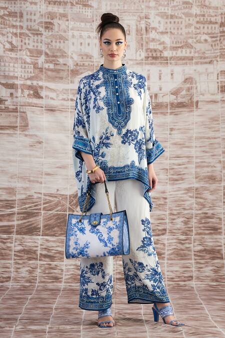 Rajdeep Ranawat_White Silk Embroidery Bandeau Neck Chanel Floral Print Tunic_at_Aza_Fashions