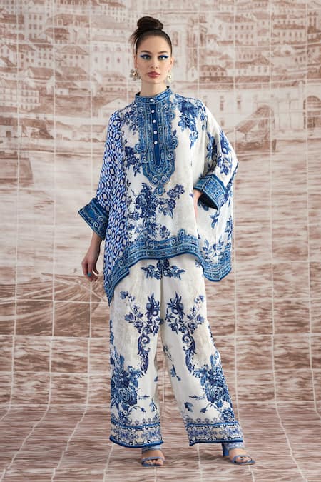 Rajdeep Ranawat White Satin Permaz Floral Print Flared Pant Online at Aza Fashions Rajdeep Ranawat_White Satin Permaz Floral Print Flared Pant _Online_at_Aza_Fashions