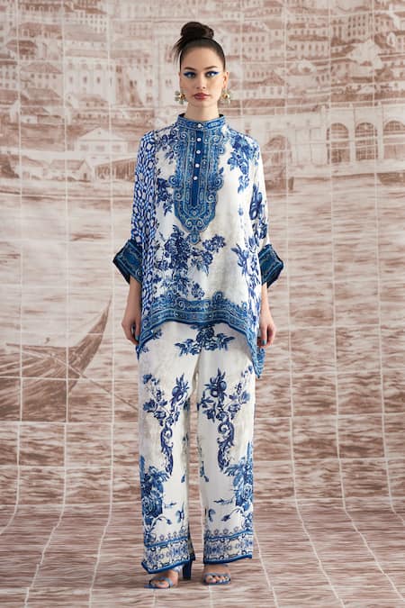 Shop Rajdeep Ranawat White Satin Permaz Floral Print Flared Pant Online at Aza Fashions Shop_Rajdeep Ranawat_White Satin Permaz Floral Print Flared Pant _Online_at_Aza_Fashions