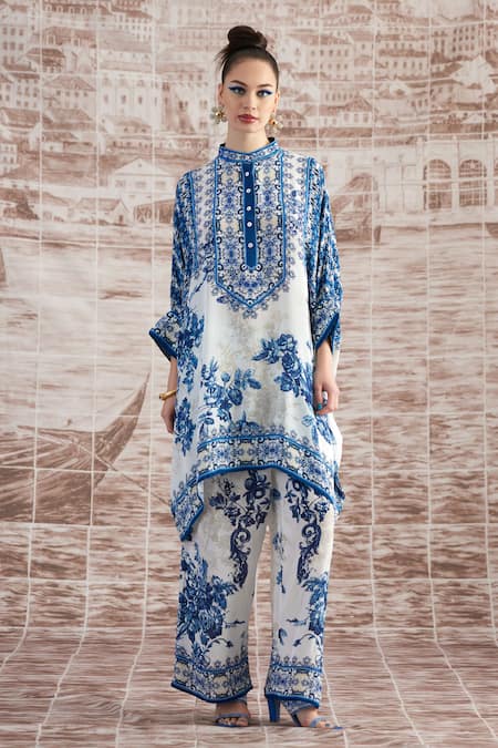 Rajdeep Ranawat_White Silk Embroidery Bandeau Neck Chanel Printed Tunic_Online_at_Aza_Fashions