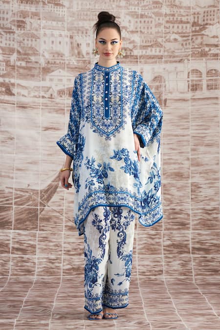 Buy_Rajdeep Ranawat_White Silk Embroidery Bandeau Neck Chanel Printed Tunic_Online_at_Aza_Fashions