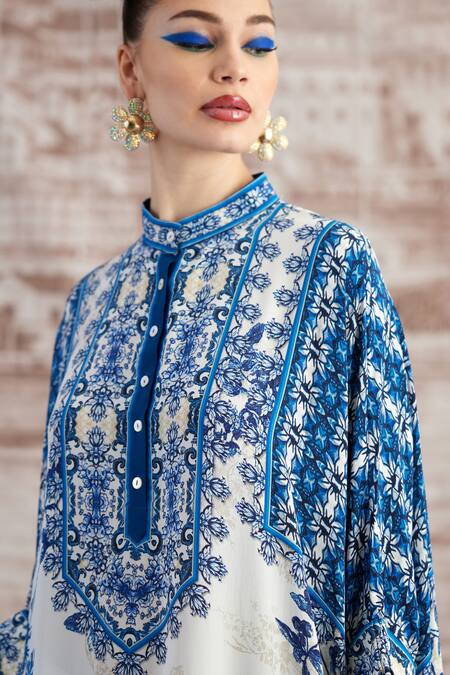 Rajdeep Ranawat_White Silk Embroidery Bandeau Neck Chanel Printed Tunic_at_Aza_Fashions