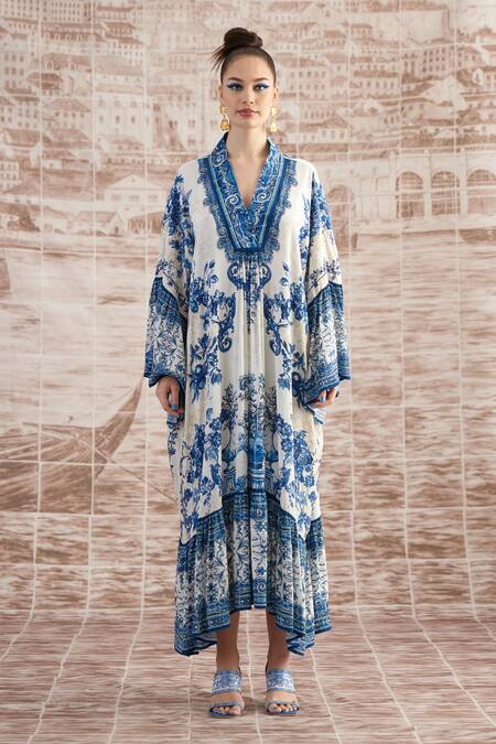 Rajdeep Ranawat_White Silk Embroidery V-neck Imaki Paisley Print Kaftan_Online_at_Aza_Fashions