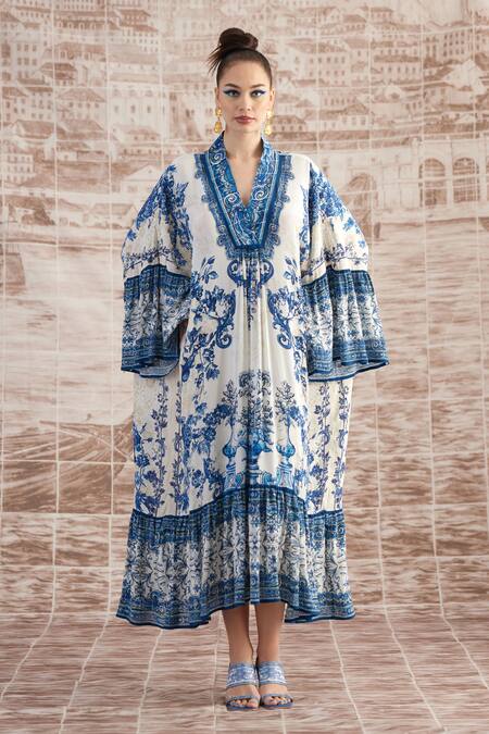 Buy_Rajdeep Ranawat_White Silk Embroidery V-neck Imaki Paisley Print Kaftan_Online_at_Aza_Fashions