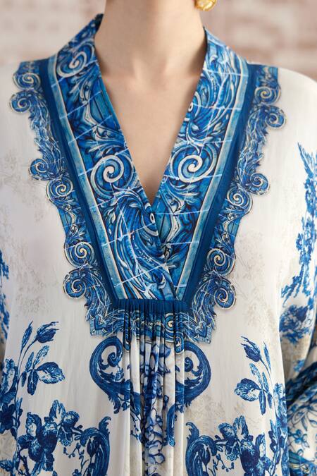 Buy_Rajdeep Ranawat_White Silk Embroidery V-neck Imaki Paisley Print Kaftan