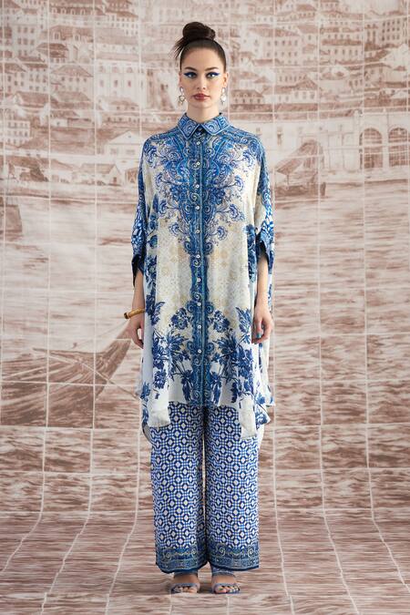 Rajdeep Ranawat_White Satin Permaz Geometric Print Flared Pant_Online_at_Aza_Fashions