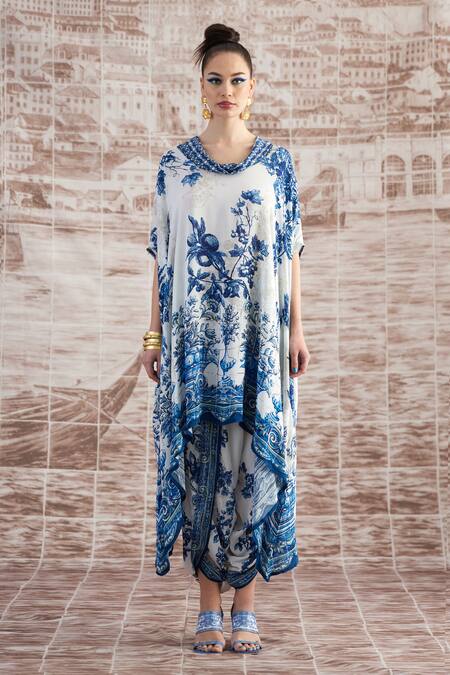 Rajdeep Ranawat_White Satin Sonth Floral Print Dhoti Pant_Online_at_Aza_Fashions