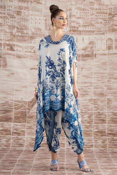 Buy_Rajdeep Ranawat_White Satin Sonth Floral Print Dhoti Pant_Online_at_Aza_Fashions