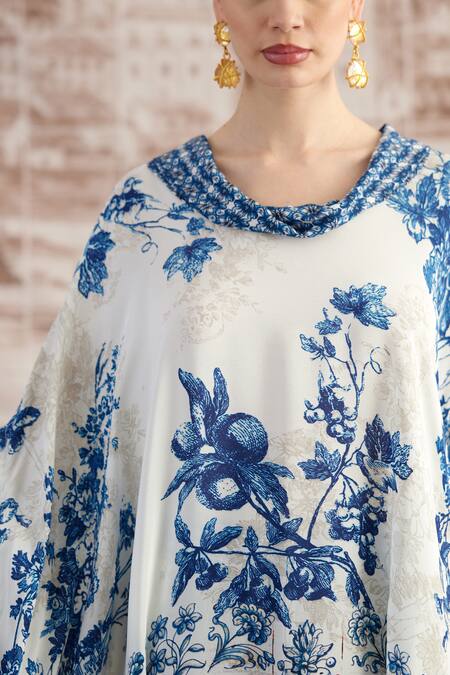 Shop_Rajdeep Ranawat_White Silk Cowl Neck Lavanya Vintage Print Kaftan_Online_at_Aza_Fashions