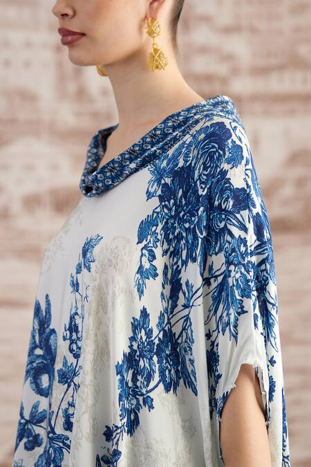 Rajdeep Ranawat_White Silk Cowl Neck Lavanya Vintage Print Kaftan_at_Aza_Fashions