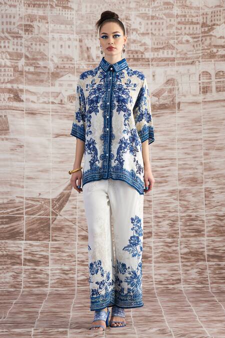 Rajdeep Ranawat_White Silk Embroidery Permaz Baroque Print Pant_Online_at_Aza_Fashions