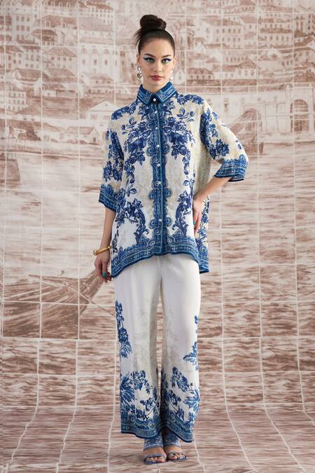 Buy_Rajdeep Ranawat_White Silk Embroidery Permaz Baroque Print Pant_Online_at_Aza_Fashions