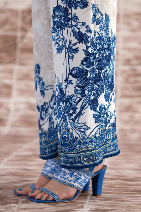 Shop_Rajdeep Ranawat_White Silk Embroidery Permaz Baroque Print Pant_Online_at_Aza_Fashions