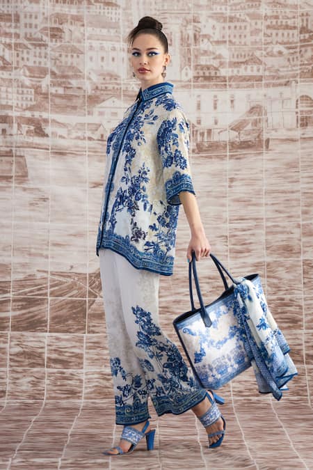 Rajdeep Ranawat_White Silk Embroidery Permaz Baroque Print Pant_at_Aza_Fashions