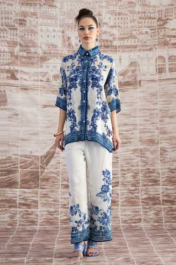 Rajdeep Ranawat_White Silk Embroidery, Beads Collared Maizah Baroque Print Shirt_Online_at_Aza_Fashions