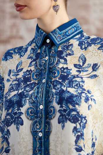 Shop_Rajdeep Ranawat_White Silk Embroidery, Beads Collared Maizah Baroque Print Shirt_Online_at_Aza_Fashions