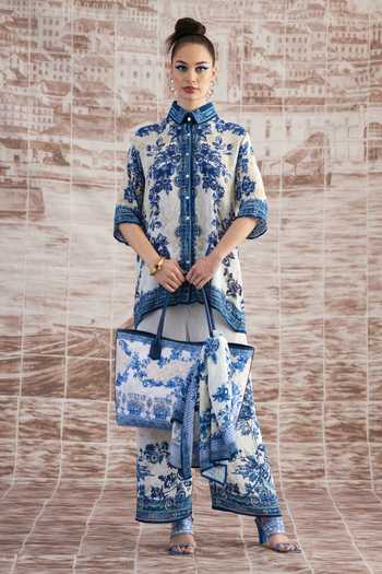 Rajdeep Ranawat_White Silk Embroidery, Beads Collared Maizah Baroque Print Shirt_at_Aza_Fashions