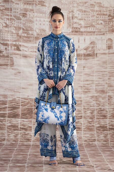 Rajdeep Ranawat_White Silk Beads Collared Shibani Baroque Print Kaftan Shirt_Online_at_Aza_Fashions