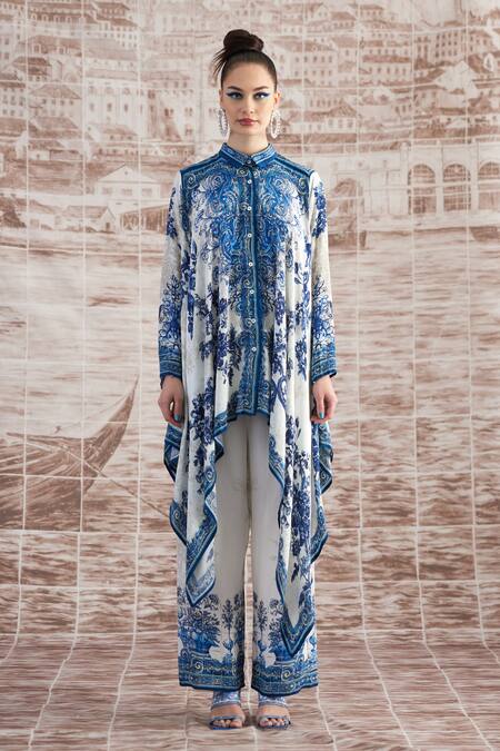 Buy_Rajdeep Ranawat_White Silk Beads Collared Shibani Baroque Print Kaftan Shirt_Online_at_Aza_Fashions