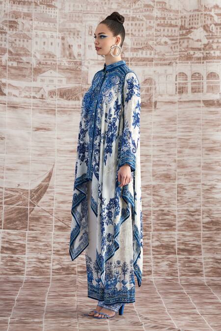 Shop_Rajdeep Ranawat_White Silk Beads Collared Shibani Baroque Print Kaftan Shirt_Online_at_Aza_Fashions