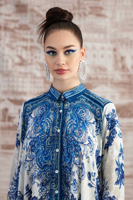 Rajdeep Ranawat_White Silk Beads Collared Shibani Baroque Print Kaftan Shirt_at_Aza_Fashions