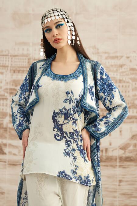 Buy Rajdeep Ranawat White Silk Embroidery Round Neck Ursula Baroque Print Tunic Online at Aza Fashions Buy_Rajdeep Ranawat_White Silk Embroidery Round Neck Ursula Baroque Print Tunic_Online_at_Aza_Fashions