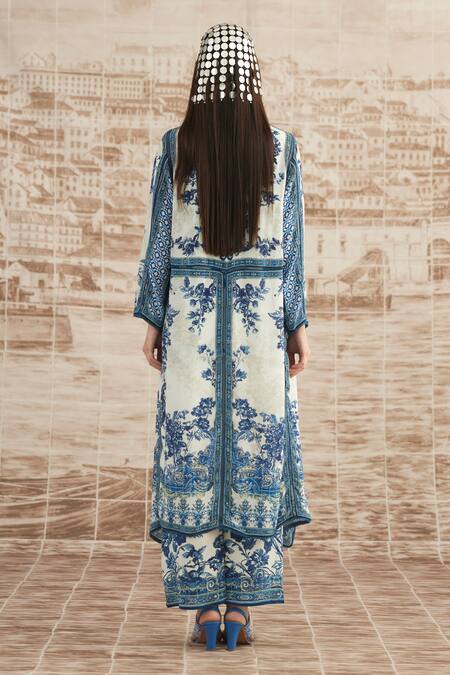 Shop Rajdeep Ranawat White Silk Embroidery Shawl Neck Ursula Baroque Print Jacket at Aza Fashions Shop_Rajdeep Ranawat_White Silk Embroidery Shawl Neck Ursula Baroque Print Jacket_at_Aza_Fashions