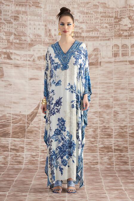 Rajdeep Ranawat_White Silk Beads V-neck Verusha Baroque Print Kaftan_Online_at_Aza_Fashions