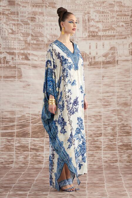 Buy_Rajdeep Ranawat_White Silk Beads V-neck Verusha Baroque Print Kaftan_Online_at_Aza_Fashions