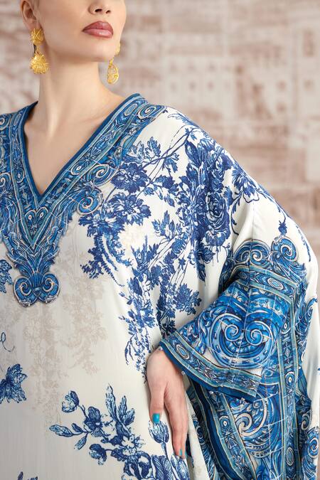 Shop_Rajdeep Ranawat_White Silk Beads V-neck Verusha Baroque Print Kaftan_Online_at_Aza_Fashions