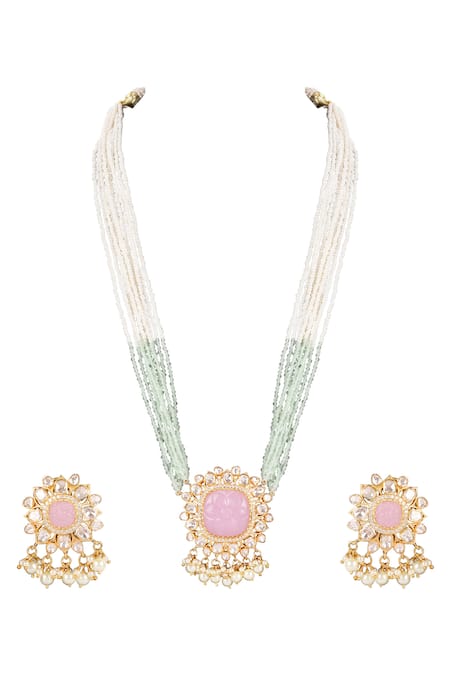 Shop Sica Jewellery Pink Zari, Diamonds Rose Quartz Embellished Long Necklace Set at Aza Fashions Shop_Sica Jewellery_Pink Zari, Diamonds Rose Quartz Embellished Long Necklace Set _at_Aza_Fashions
