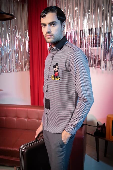 Buy_Abkasa_Maroon Cotton Embroidery Mickey Shirt _Online_at_Aza_Fashions