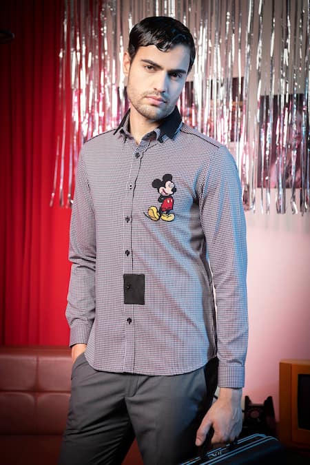 Abkasa_Maroon Cotton Embroidery Mickey Shirt _at_Aza_Fashions