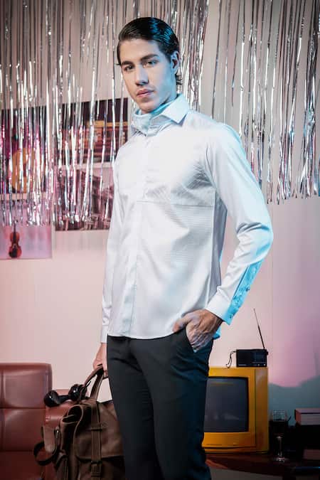 Shop Abkasa Blue Cotton Embroidery Half Panel Shirt at Aza Fashions Shop_Abkasa_Blue Cotton Embroidery Half Panel Shirt _at_Aza_Fashions