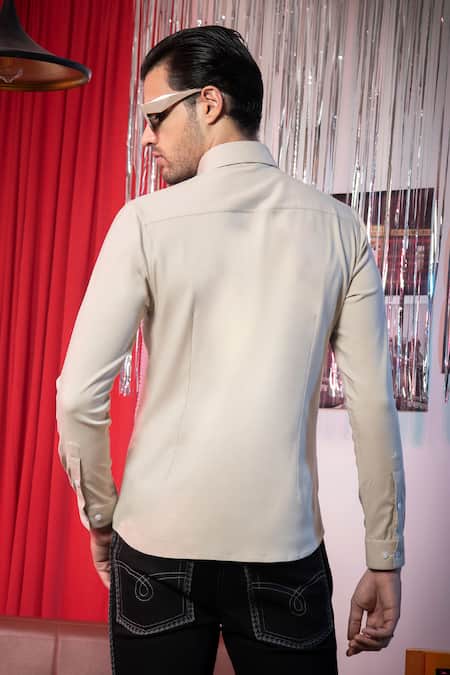Shop_Abkasa_Beige Polyester, Viscose Embroidery Popcorn Box Pleat Detail Shirt _at_Aza_Fashions