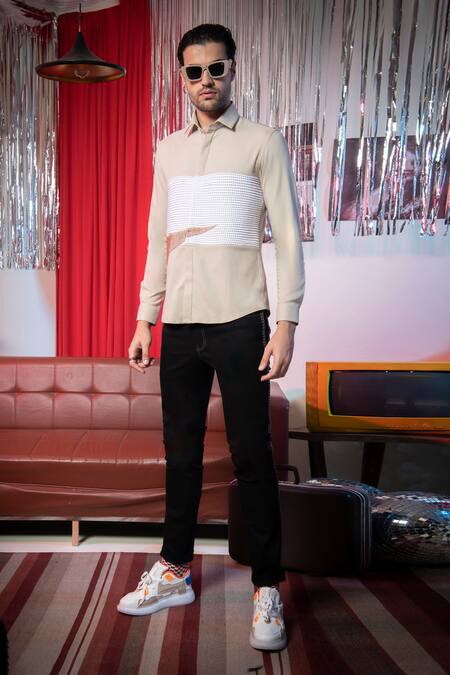 Abkasa_Beige Polyester, Viscose Embroidery Popcorn Box Pleat Detail Shirt _Online_at_Aza_Fashions