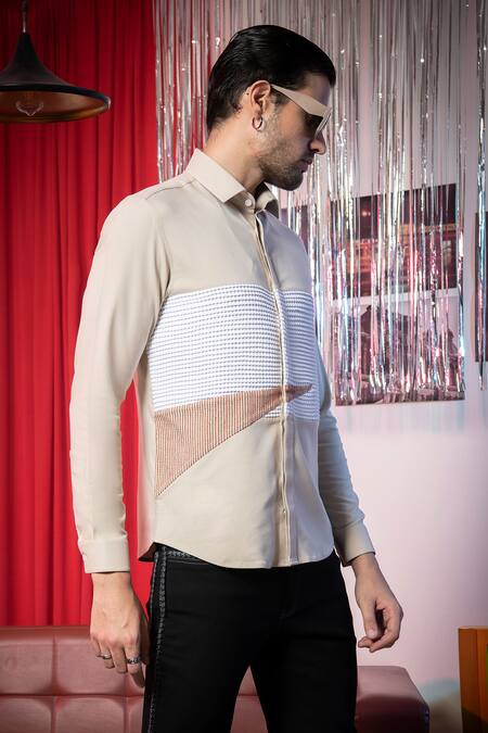 Shop_Abkasa_Beige Polyester, Viscose Embroidery Popcorn Box Pleat Detail Shirt _Online_at_Aza_Fashions