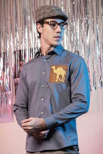 Abkasa_Grey Cotton Embroidery Camel Patch Pocket Shirt_Online_at_Aza_Fashions