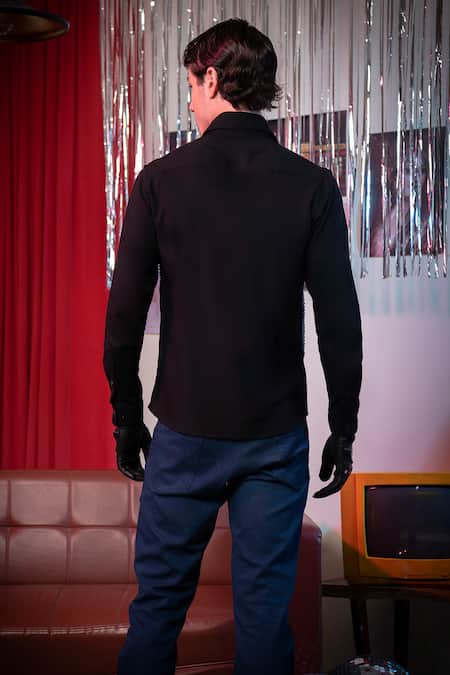 Shop Abkasa Black Polyester, Viscose Embroidery Placement Box Pleat Detail Shirt at Aza Fashions Shop_Abkasa_Black Polyester, Viscose Embroidery Placement Box Pleat Detail Shirt _at_Aza_Fashions