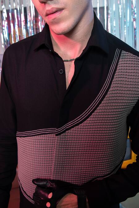 Buy Abkasa Black Polyester, Viscose Embroidery Placement Box Pleat Detail Shirt Online at Aza Fashions Buy_Abkasa_Black Polyester, Viscose Embroidery Placement Box Pleat Detail Shirt _Online_at_Aza_Fashions