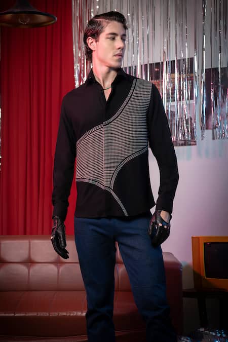 Abkasa Black Polyester, Viscose Embroidery Placement Box Pleat Detail Shirt at Aza Fashions Abkasa_Black Polyester, Viscose Embroidery Placement Box Pleat Detail Shirt _at_Aza_Fashions